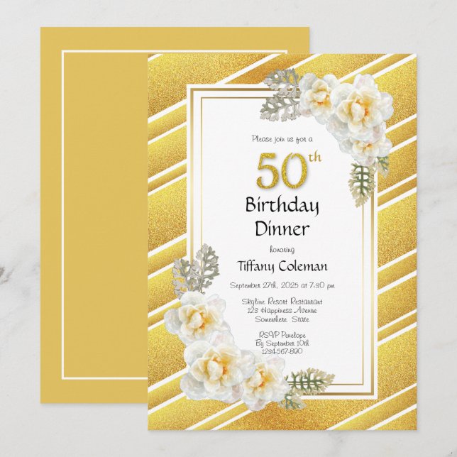 Gold Floral Striped 50th Birthday Dinner Party Invitation (Front/Back)