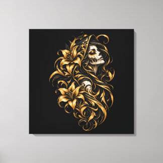 Gold Floral Sugar Skull Wrapped Canvas Print