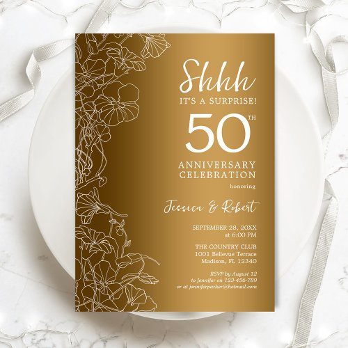 Gold Floral Surprise 50th Anniversary Invitation