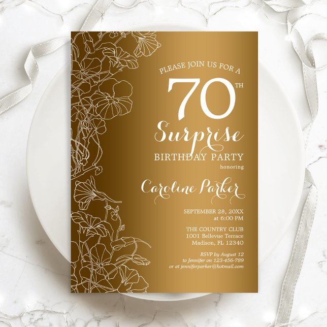 Gold Floral Surprise 70th Birthday Party Invitation (Creator Uploaded)