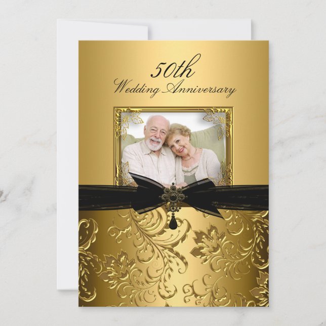 Gold Floral Swirl Photo 50th Anniversary Invite (Front)