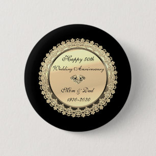 Gold Floral Swirls Black 50th Wedding Anniversary Button