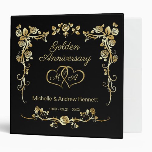 Gold Floral Swirls Hearts 50th Wedding Anniversary 3 Ring Binder