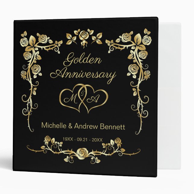 Gold Floral Swirls Hearts 50th Wedding Anniversary 3 Ring Binder (Front/Inside)