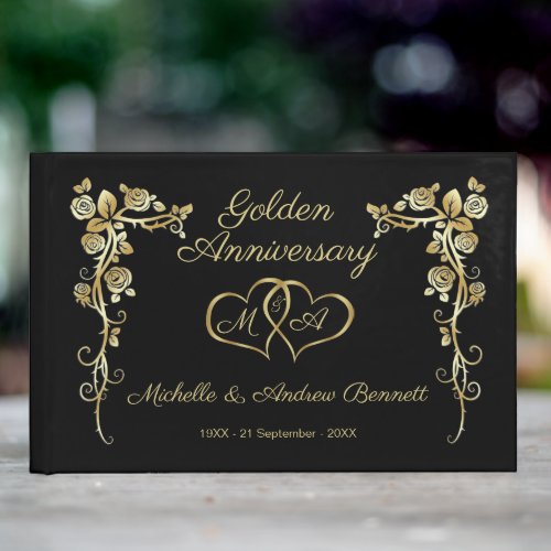 Gold Floral Swirls Hearts 50th Wedding Anniversary Guest Book