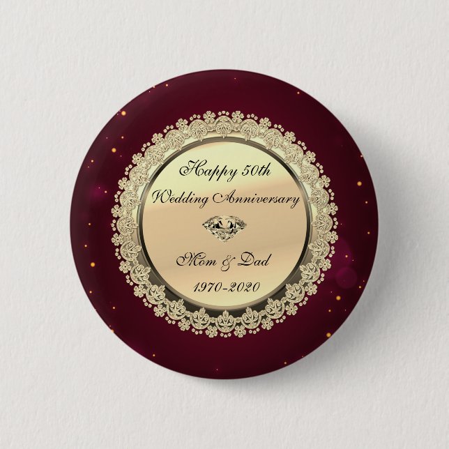 Gold Floral  Swirls Red 50th Wedding Anniversary Button (Front)
