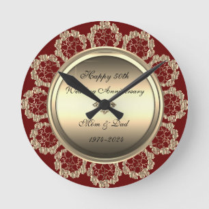 Gold Floral Swirls Red 50th Wedding Anniversary Round Clock