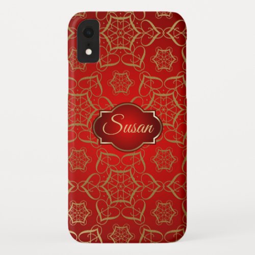 Gold Floral Swirls Red Background iPhone XR Case