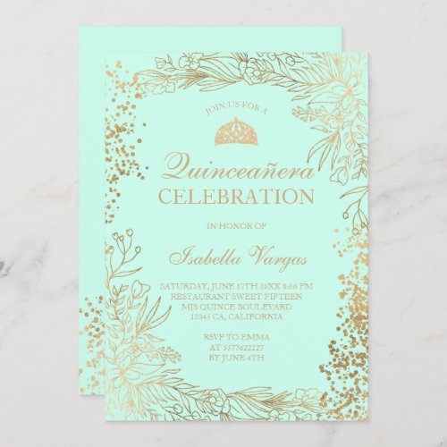 Gold floral teal aqua Tiara chic Quinceaera Invitation