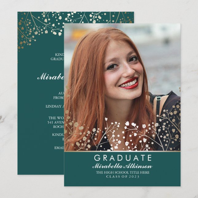 Gold Floral Teal | Student Photo Graduation Invitation (Front/Back)