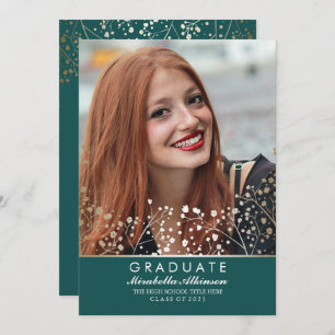 Gold Floral Teal Student Photo Graduation Invitation