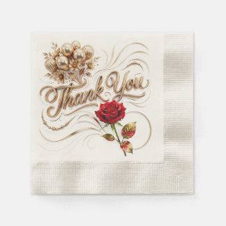 Gold Floral Thank You Napkin with Red Rose