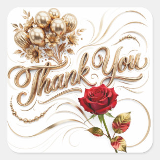 Gold Floral Thank You stickers with Red Rose