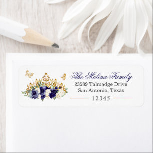 Gold Floral Tiara Navy Blue Return Address Label