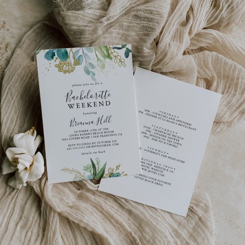 Gold Floral Tropical Green Bachelorette Weekend Invitation