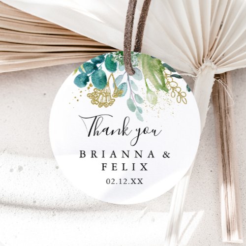 Gold Floral Tropical Green Thank You Wedding Favor Classic Round Sticker