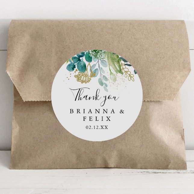 Gold Floral Tropical Green Thank You Wedding Favor Classic Round Sticker (Creator Uploaded)