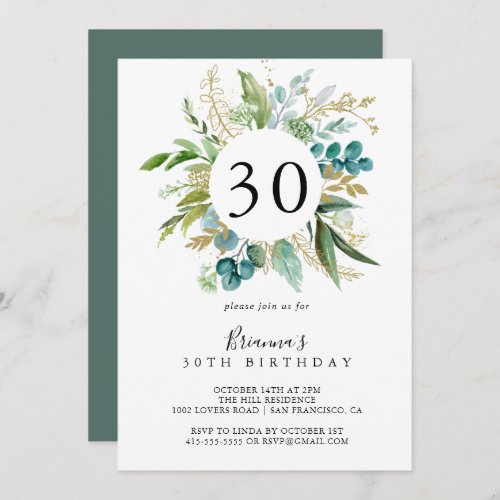 Gold Floral Tropical Greenery 30th Birthday Party Invitation