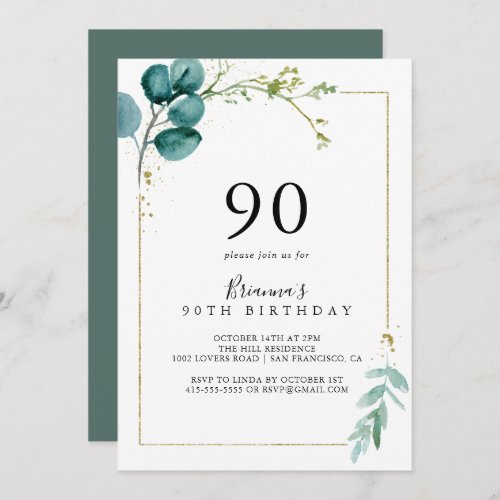 Gold Floral Tropical Greenery 90th Birthday Party Invitation
