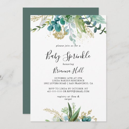 Gold Floral Tropical Greenery Baby Sprinkle Invitation