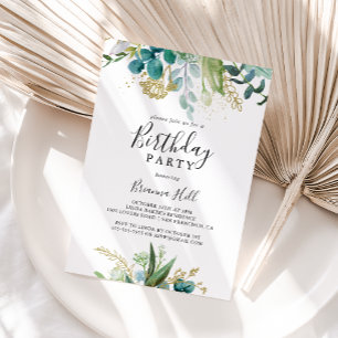 Gold Floral Tropical Greenery Birthday Party Invitation