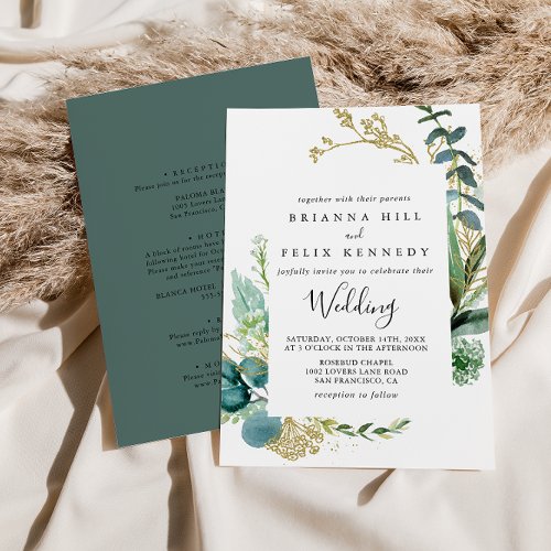 Gold Floral Tropical Greenery Front  Back Wedding Invitation