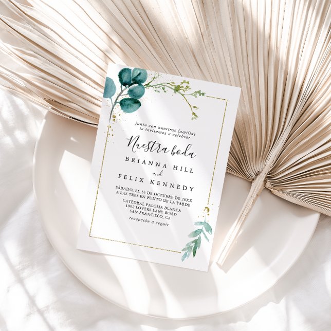 Gold Floral Tropical Greenery Nuestra Boda Wedding Invitation (Creator Uploaded)