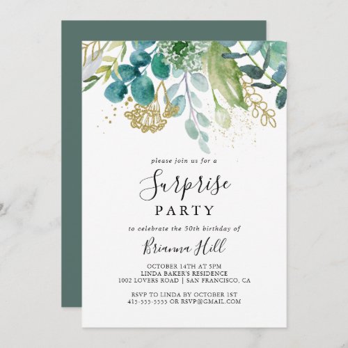 Gold Floral Tropical Greenery Surprise Party Invitation