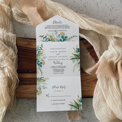 Gold Floral Tropical Greenery Wedding   All In One Invitation