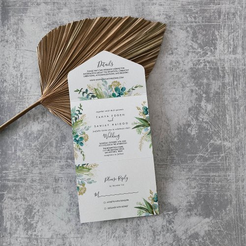 Gold Floral Tropical Greenery Wedding  All In One Invitation