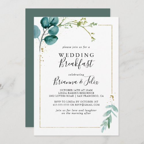 Gold Floral Tropical Greenery Wedding Breakfast Invitation