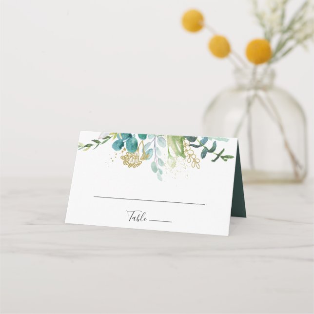 Gold Floral Tropical Greenery Wedding Place Card (Front)