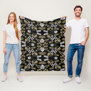 Gold Floral Tropical Patterned Fleece Blanket