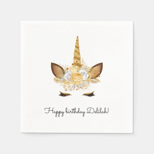 Gold Floral Unicorn Birthday Napkins (Front)