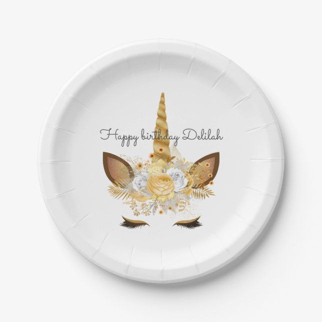 Gold Floral Unicorn Birthday Paper Plates (Front)