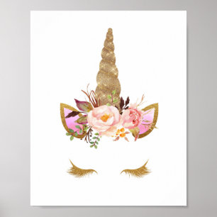 Gold Floral Unicorn Face Nursery Print Poster