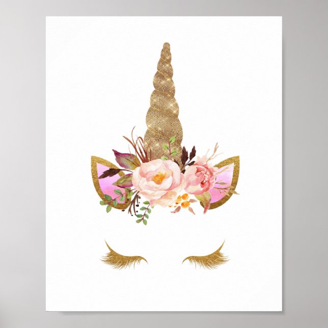 Gold Floral Unicorn Face Nursery Print Poster (Front)