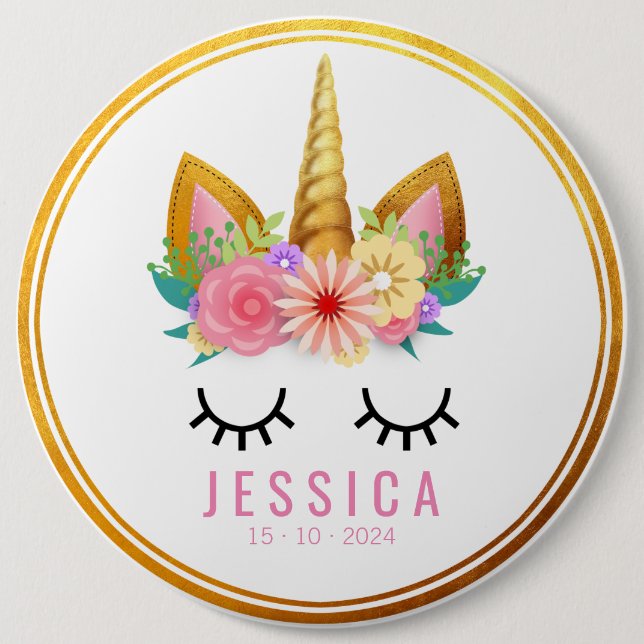 Gold Floral Unicorn Party Button (Front)