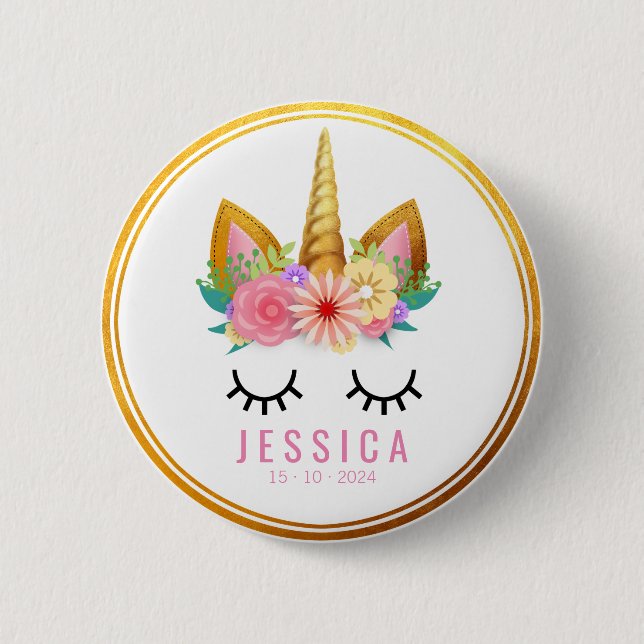 Gold Floral Unicorn Party Button (Front)