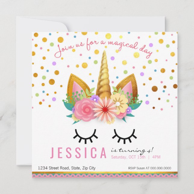 Gold Floral Unicorn Party Invitation (Front)
