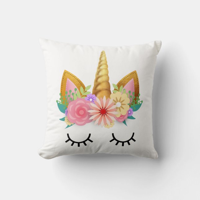 Gold Floral Unicorn Party Throw Pillow (Front)