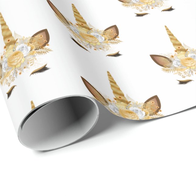 Gold Floral Unicorn Wrapping Paper (Roll Corner)