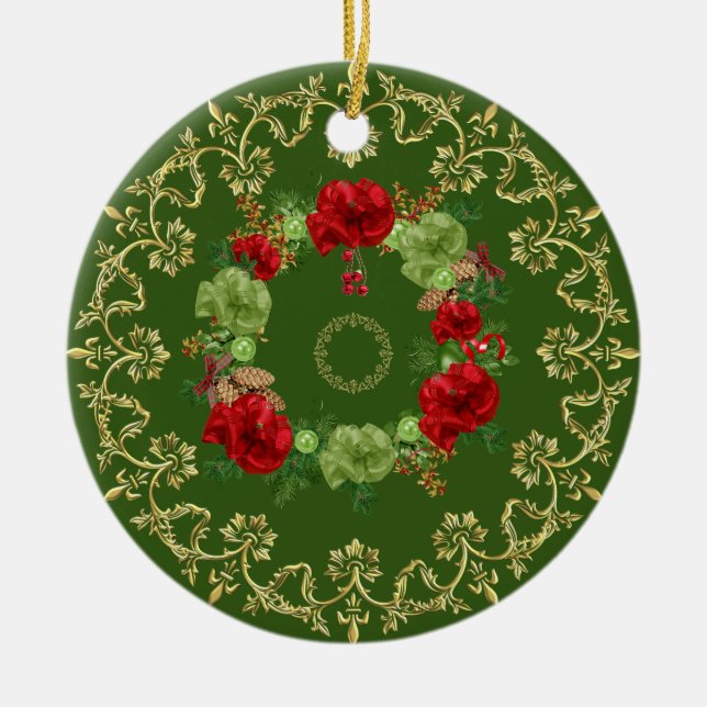 Gold Floral Vintage Christmas Ceramic Ornament (Front)