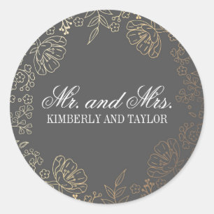 Gold Floral Vintage Grey Wedding Monogram Classic Round Sticker