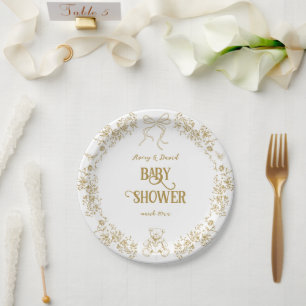 Gold Floral Vintage Teddy Bear Baby Shower Paper Plates