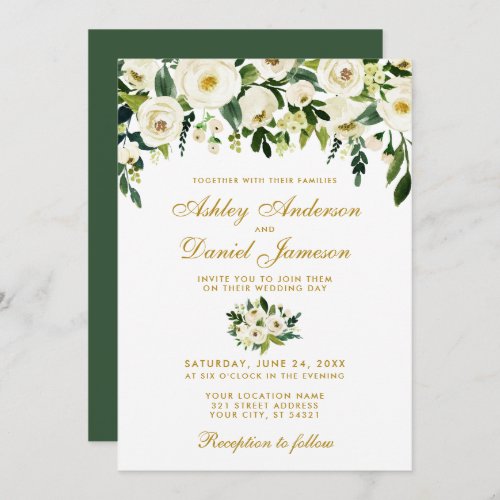 Gold Floral Watercolor Green Wedding Invitation GB