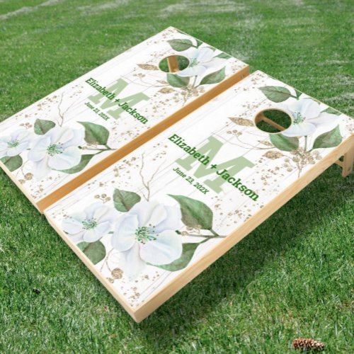 Gold Floral Watercolor Modern Wedding Monogram Cornhole Set