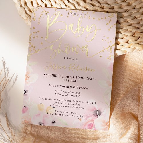 Gold floral watercolor pink baby shower foil invitation