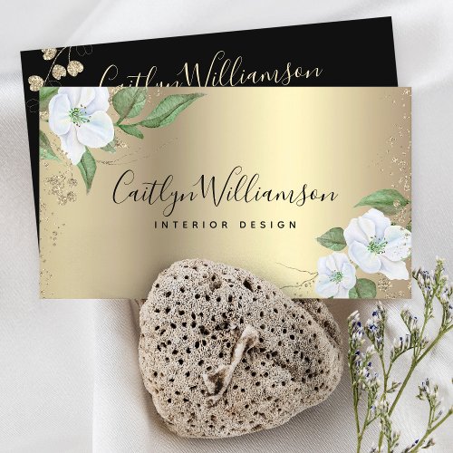 Gold Floral Watercolor Stylish Black Script Modern Business Card