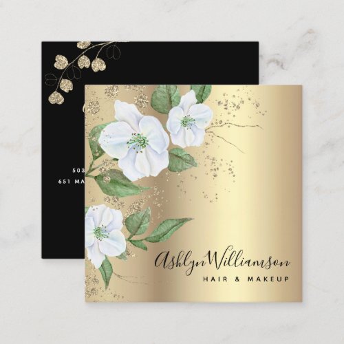 Gold Floral Watercolor Stylish Modern Black Script Square Business Card